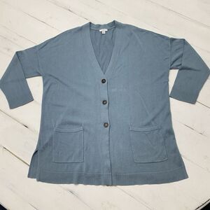 J Jill Women's XL Aqua Button Front Cardigan Sweater Cotton Blend 3/4 Sleeve
